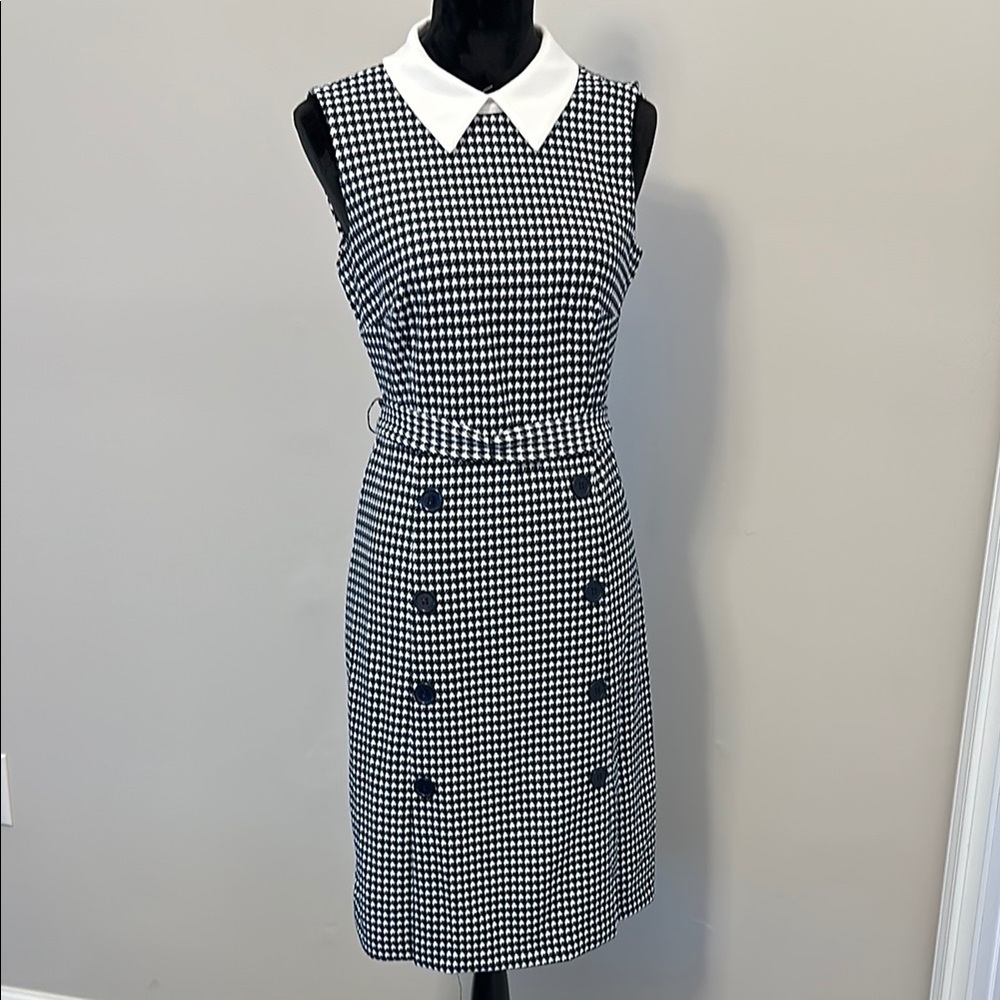 Navy Blue and White Houndstooth Dress with White Collar